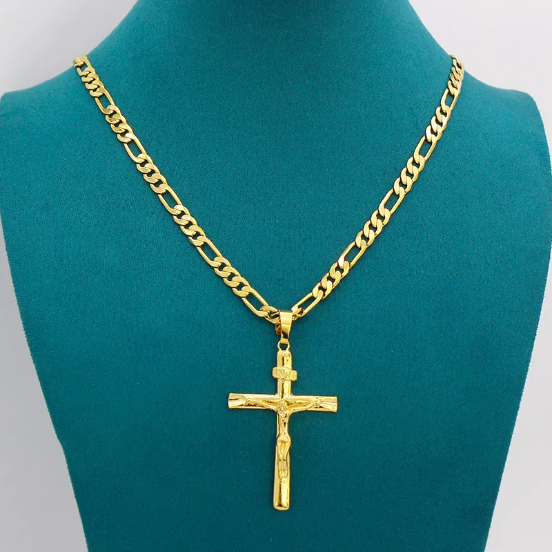 Véritable 10k jaune solide or fin GF jésus croix Crucifix charme grand pendentif 55*35mm Figaro chaîne collier 24 "600*6mm_voghion.com