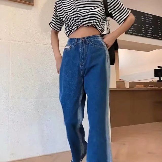 Amerikanesch Stil pummeleg MM Plus Size Jeans fir Fraen am Fréijoer an Hierscht, héich Taille, schlank Gradient riicht breet Been_voghion.com