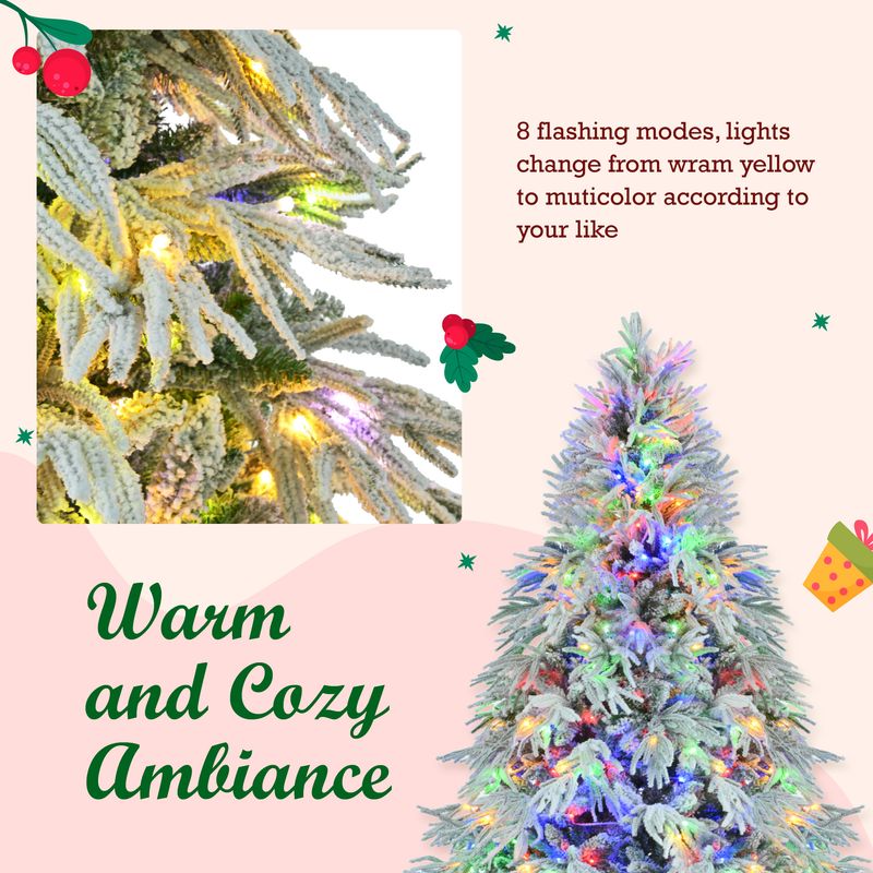 6FT Pre-Lit Spruce Snow Flocked Christmas Tree with 300 Multi-Color LED Lights, 8 Flashing Modes, 790 Snow Branch Tips, Hinged Artificial Xmas Tree for Holiday Home and Office Décor_voghion.com