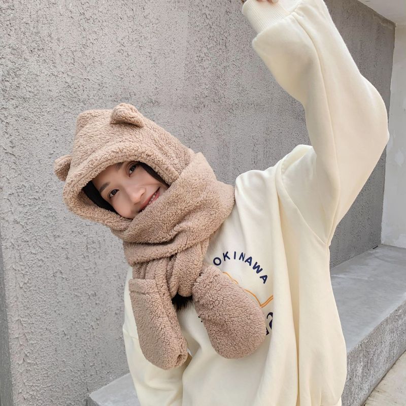 Set di tre pezzi in tinta unita per autunno inverno, caldo e carino, cappello spesso in peluche, guanti, sciarpa, sciarpa genitore-figlio_voghion.com