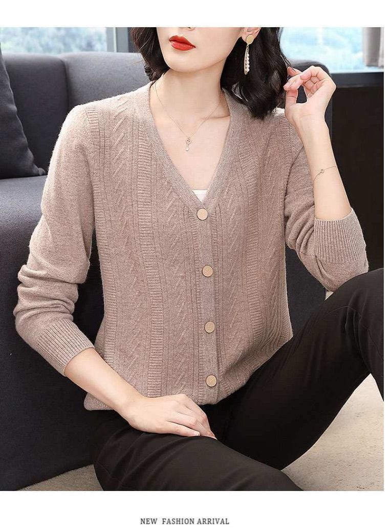 【 Cashmere Family】 Giacca cardigan in lana con scollo a V per donne di mezza età, madri in maglia sottile e maglione corto per capospalla_voghion.com