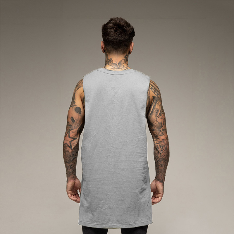 Sport locker sitzende Herren-Lauf-Fitness-Kleidung, Weste, Baumwoll-T-Shirt, langer Saum, Freizeitkleidung, Basketball-Training_voghion.com