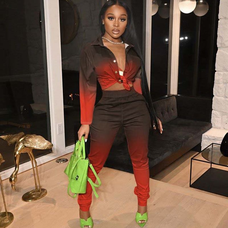 Damen Frühling Neue Mode Farbverlauf Casual Top Und Hose Zweiteiliges Set_voghion.com