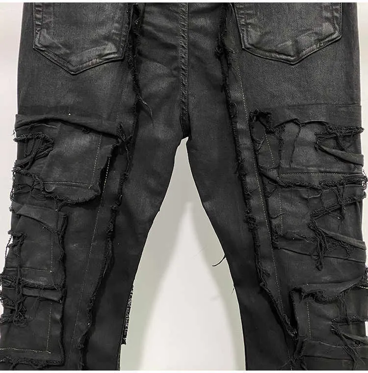 Männer IEFB Neue Darkwear Männer Beschichtete Jeans Multi Thread Dekoration Wachs Bürsten Tuch Elastische High Street 2022 Männlich_voghion.com
