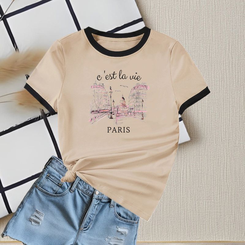 2025 New Summer Round Neck Contrasting Color Blocked Short Sleeved Casual Slim Fit Women's T-shirt Versatile Top_voghion.com
