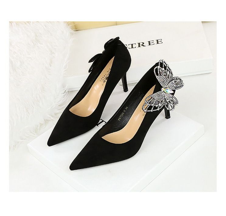 7236-H62L Wind Banquet oldalsó víz gyémánt masni vékony sekély szájú velúr magas sarkú cipő_voghion.com