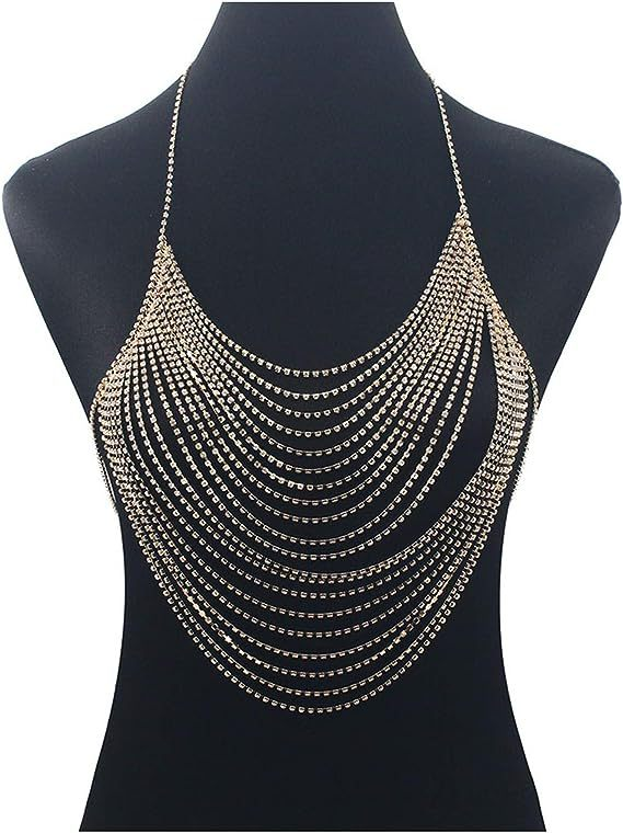Fashion rhinestones with multiple drill chains tassel chain hanging neck top small vest body chain_voghion.com