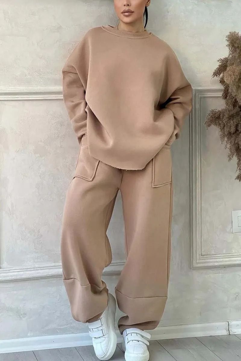 Damenbekleidung Herbst und Winter lässig locker Rundhals Langarm Pullover Hose Anzug_voghion.com