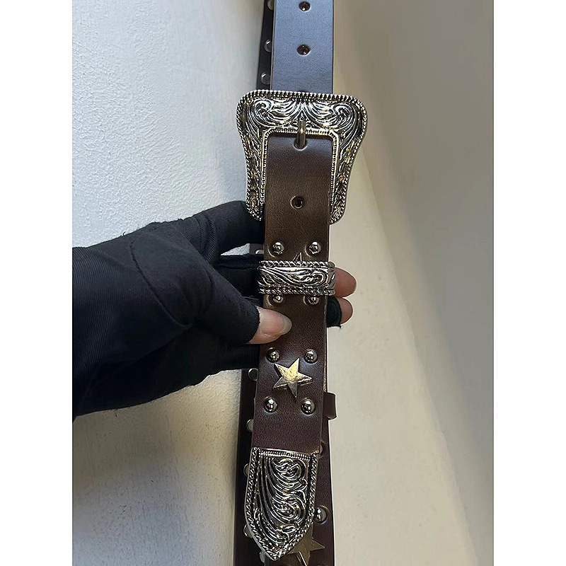 Punk girl three-dimensional five-pointed star rivet millennium y2k retro hot girl concave shape versatile leather belt belt_voghion.com