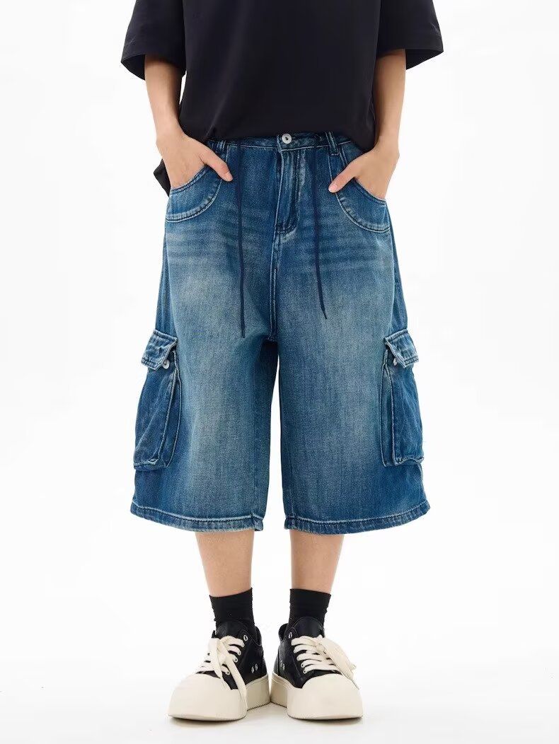 Summer New American Style Loose Fit Three-Dimensional Pocket Capri Pants Unisex Cargo Denim Shorts Versatile Slimming_voghion.com