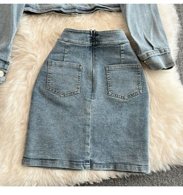 Women's Denim Jacket & High Waist Pencil Skirt Two-Piece Set - Slim Fit Short Cropped Blazer With Button Front & Bodycon Mini Skirt (Blue, S/M/L)_voghion.com