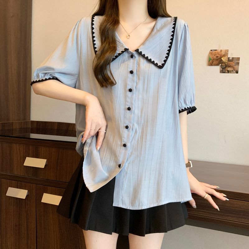 Camicetta blu con spalle scoperte per donna, taglie forti estive, modellante, snellente, stile francese, colletto a bambola, manica corta,_voghion.com
