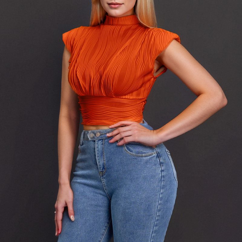 Women's Clothing Summer New Solid Color Stand Collar Sleeveless Waist Knitted Top_voghion.com
