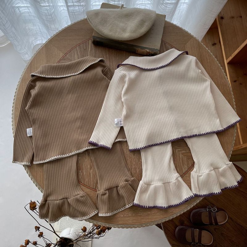 INS Spring Autumn Baby Shell Knitted Split Set for Girls Babies with contrasting color cardigan and flared pants_voghion.com