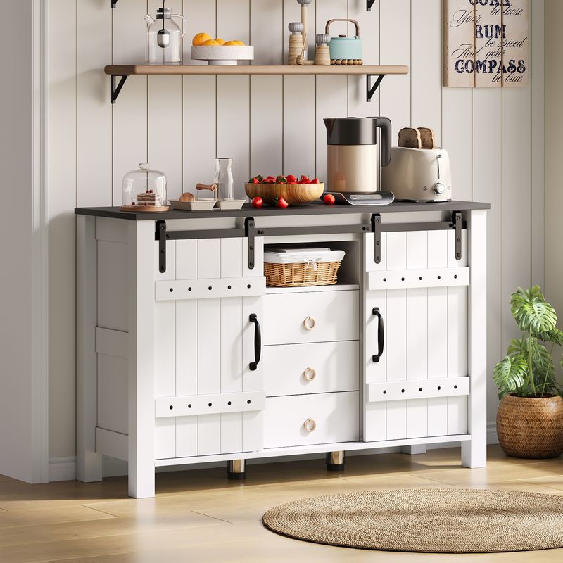 Buffetschrank Bianco 120cm Con Schiebetüren, 3 Schubladen, Rustikaler Holzstil_voghion.com