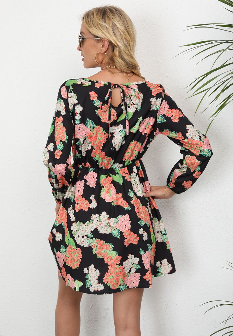 Autumn Women's Printed Waist Cinched Round Neck Long Sleeved Dress_voghion.com