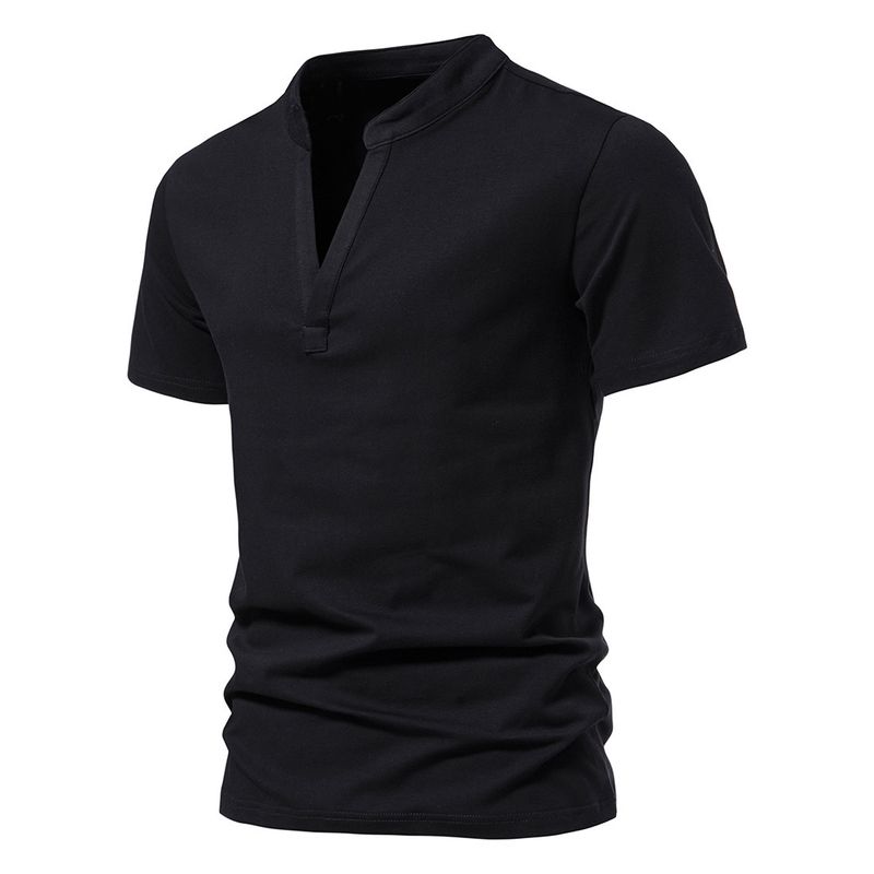 2025 New Men's Deep V-neck Short Sleeved Elastic Base Shirt Summer Small Stand Up Collar T-shirt Top_voghion.com