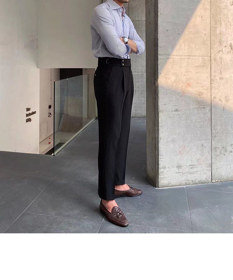 Herrenbekleidung Einfarbige Neun-Punkt-Hose mit hoher Taille Temperament Lässige Business-Hose mit italienischen Pariser Knöpfen Herrentrend_voghion.com