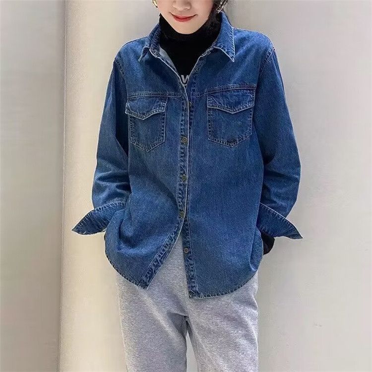 Vintage Jeanshemd im Hong Kong-Stil für Damen – Retro-blaues Oversized-Button-Down-Shirt mit klassischem Kragen, Freizeit- und Bürokleidung_voghion.com
