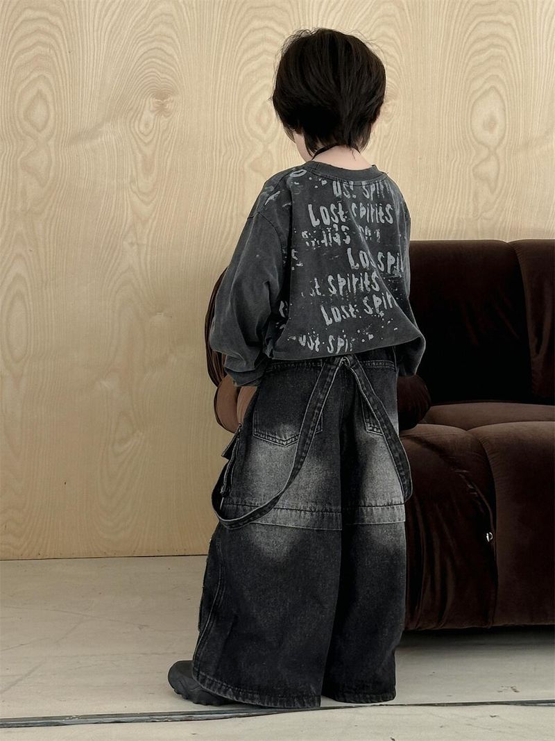 Kid's Clothing 2024 Boys Jeans American Retro Multi Pocket Jeans Loose Straight Fashion Brand Wide Leg Suspenders_voghion.com