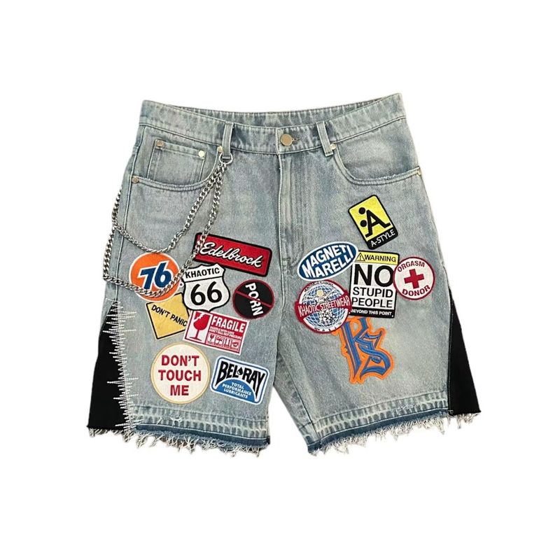 Streetwear Fiess Baggy Denim Männer Frauen Haruku Hip Hop Cartoon Grafik Patch Jean Shorts Gothic Retro Blau Kurze Hosen_voghion.com