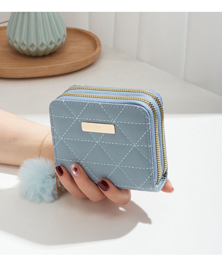 Double Zipper Short Wallet - Triangle Quilted Embroidery Clutch Solid Color ID Card Holder Purse_voghion.com