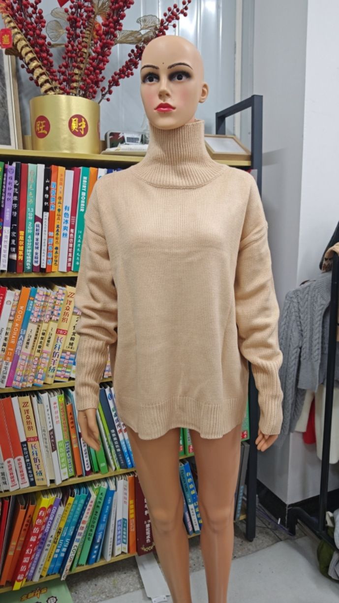 Maglione pullover lavorato a maglia a coste patchwork confortevole con collo alto, tinta unita, casual ed elegante, autunno inverno 2023_voghion.com