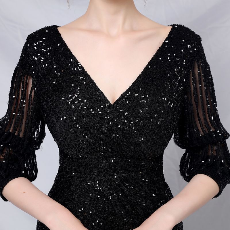 Women's Clothing Banquet Style Elegant Long Sleeves Sequinned Aura Queen Fishtail Evening Dress_voghion.com