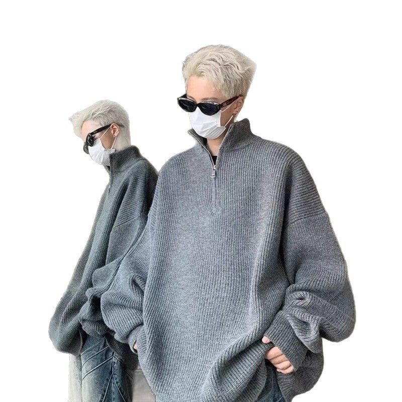American Style Half-Zip Knit For Men, Autumn Chic High-End Stand Collar Loose Trendy Pullover Sweater_voghion.com