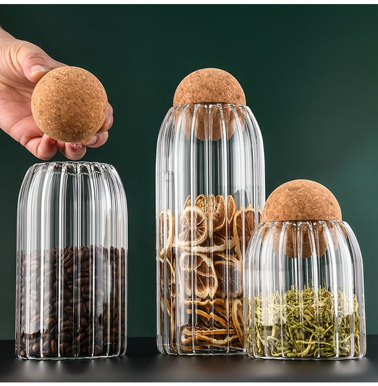 Vintage Glass Storage Jar - Airtight Coffee Bean Canister With Wooden Lid (Decorative Striped Design For Kitchen & Pantry)_voghion.com