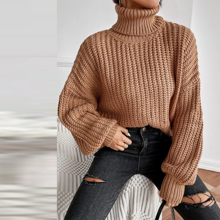 Women's fashion drop shoulder long sleeve knit loose turtleneck sweater_voghion.com