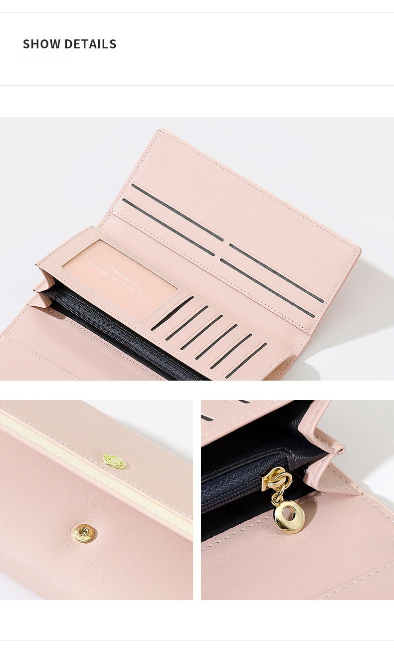 Medium-length Women's Wallet Big Brand Three-fold Multi-card Slots Splicing Hand-held Genuine Leather Folding Mobile Phone Grab Bag Zipper Wallet_voghion.com