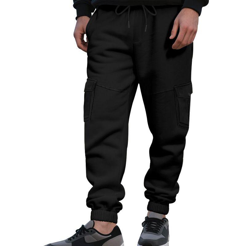 Autumn Winter Fleece Drawstring Men's Loose Casual Sports Multi-Pocket Cargo Pants_voghion.com