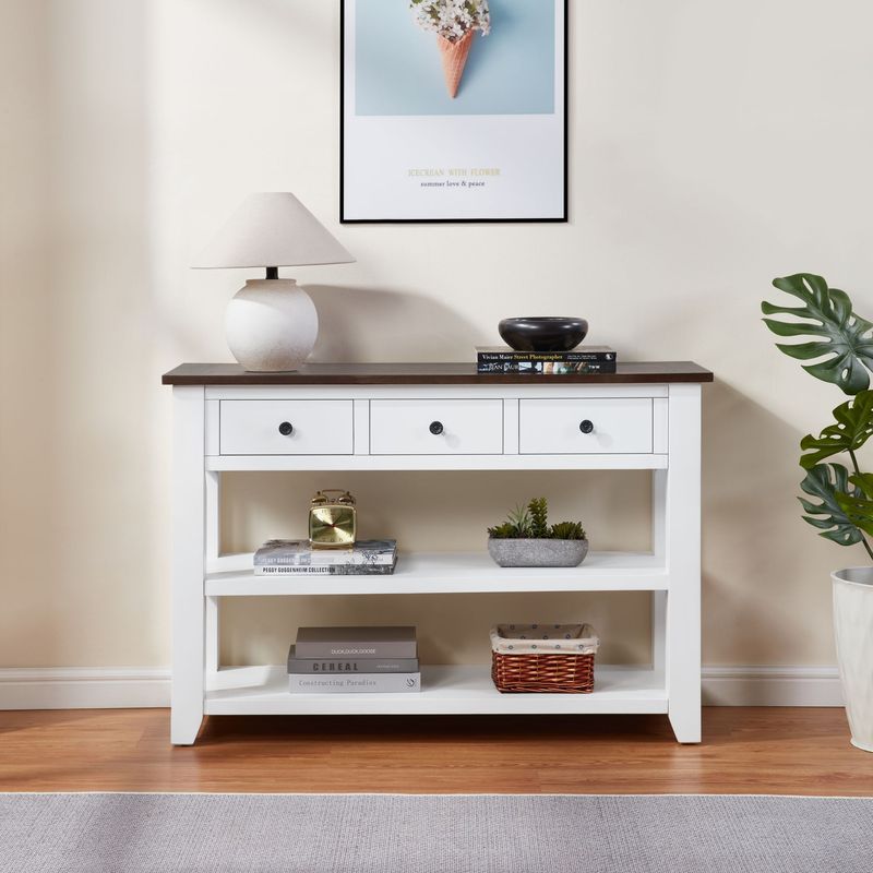 Retro Design Console Table With Two Open Shelves, Pine Solid Wood Frame And Legs For Living Room_voghion.com