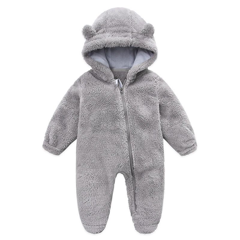 Soft Fleece Hooded Baby Jumpsuit With Mittens - Unisex Cartoon Style Infant Romper For Newborns - Cozy Zipper Closure, Long Sleeve, Neutral Colors_voghion.com