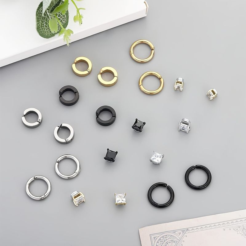 Stainless Steel Round Non Pierced Ear Clips Zircon Ear Studs Combination Set Trendy Men's Non Pierced Ear Magnet Earrings_voghion.com