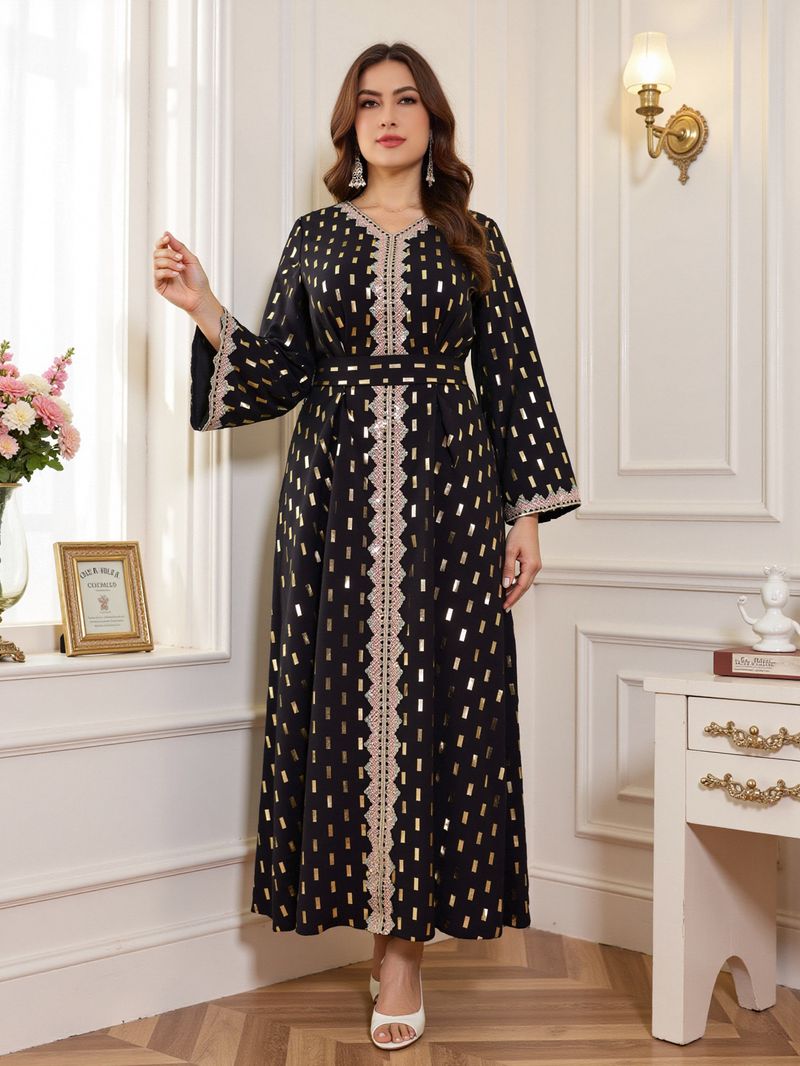 Abbigliamento da donna, taglie forti, abito musulmano Abaya con stampa oro_voghion.com
