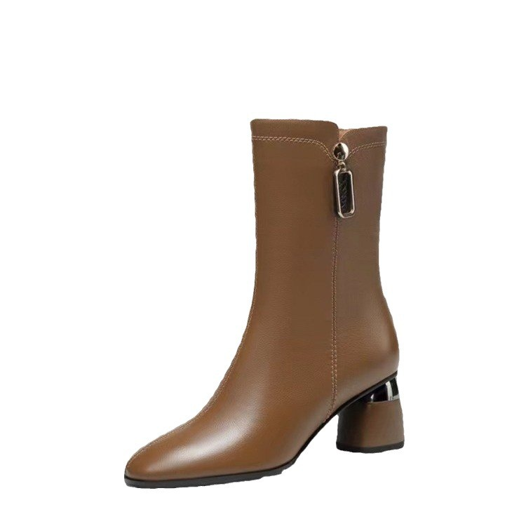 Bottes Martin vintage marron en cuir veet pour femme, talons hauts, mi-mollet, style britannique, nouvelle collection automne/hiver 2023_voghion.com