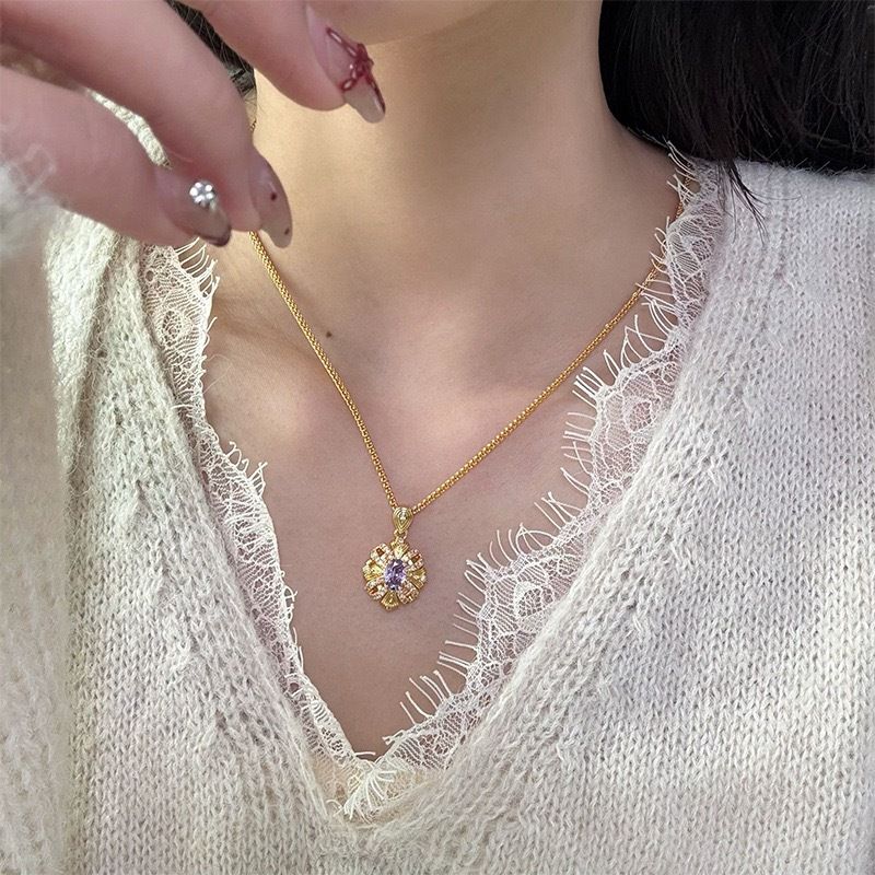 French Style Wisteria Ribbon Ring Noble Purple Zircon Necklace Elegant Exquisite Earrings Colorful Gemstone_voghion.com
