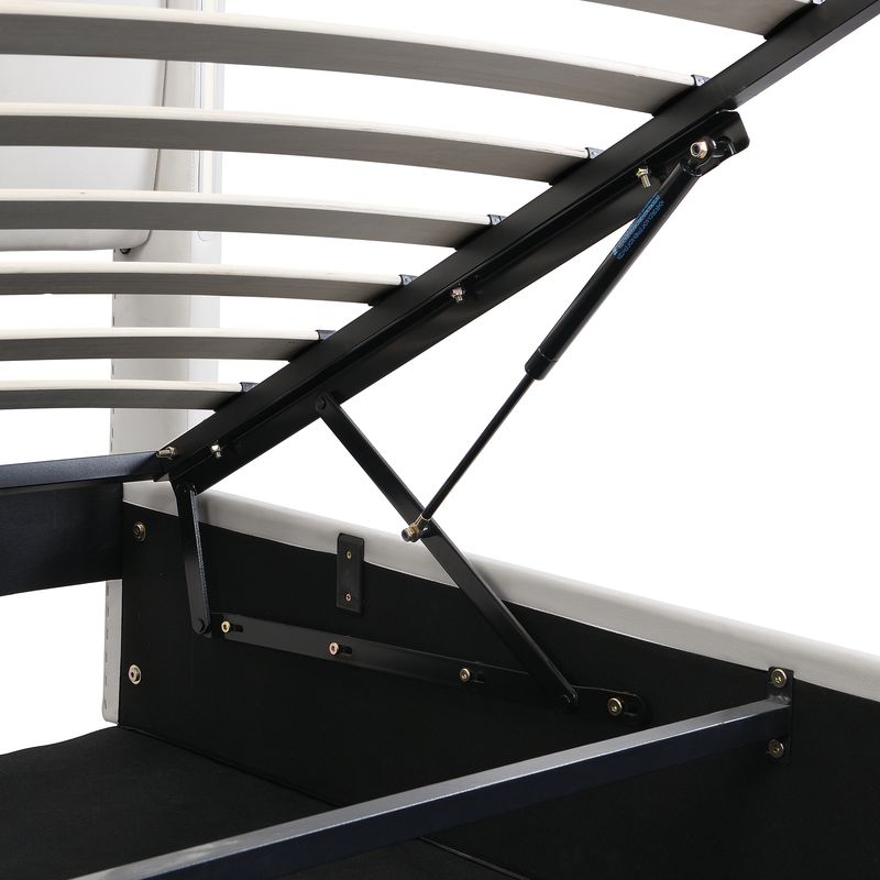 Lit rembourré LED binaural 160 x 200 cm, lit coffre hydraulique avec tête de lit réglable, port USB rechargeable, éclairage LED, texture pierre PU, blanc_voghion.com