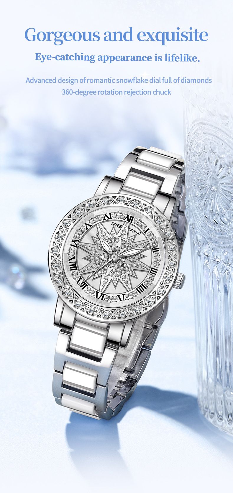 Modische Damenuhr mit Strasssteinen, Keramiklünette und wasserdicht – Elegante Quarzarmbanduhr für Damen, Edelstahlarmband, Mineralglas_voghion.com