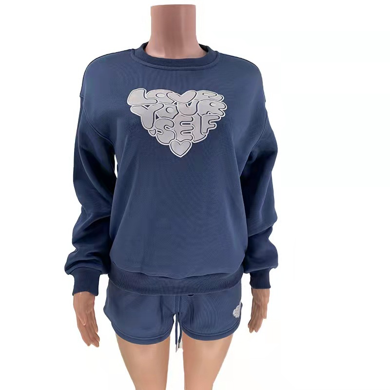 Women's fashion casual printed shorts two-piece set plus fleece long-sleeved hoodie set_voghion.com