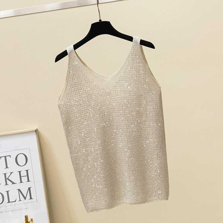 Women’s Clothing Loose Bright Silk Hot Diamond Summer Korean Ice Silk Heavy Knitted Sequined Vest New Style Bottom Outer Wear Sleeveless Top_voghion.com