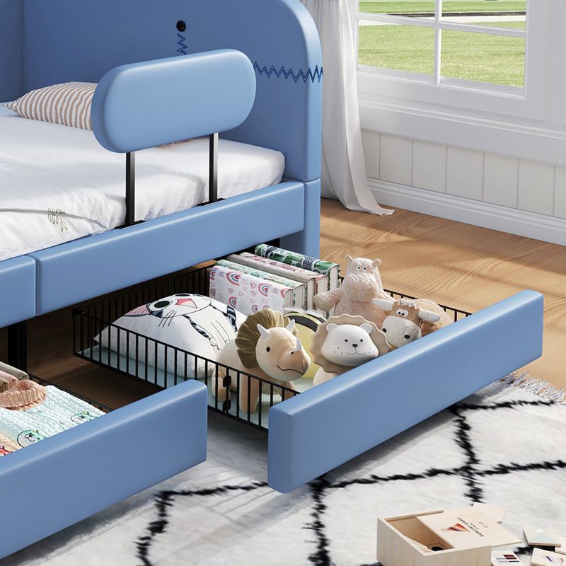 Kinder-Spleißbett, Polsterbett, Tagesbett, Walförmiges Design, Schlafsofa , 2 Schubladen Auf Rollen, PU+MDF+Sperrholz, Blu, 90x200cm_voghion.com