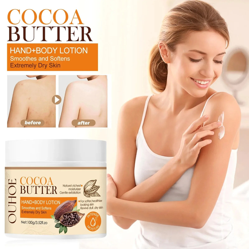 Aufhellende Körperlotion, entfernt Melanin, hellt dunkle Flecken auf, Anti-Aging, glättet, macht weich, spendet Feuchtigkeit, erhellt die Haut, Kakaobuttercreme_voghion.com