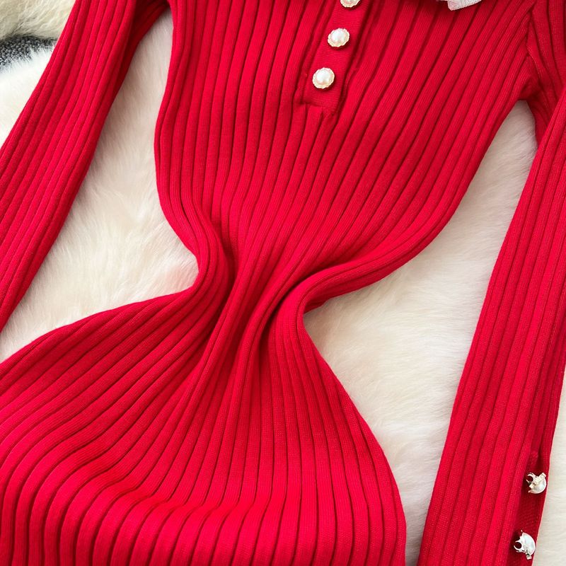 Vestido de punto con cuello de muñeca y cintura de contraste de color retro para mujer, falda larga con volantes, elástica y ajustada._voghion.com