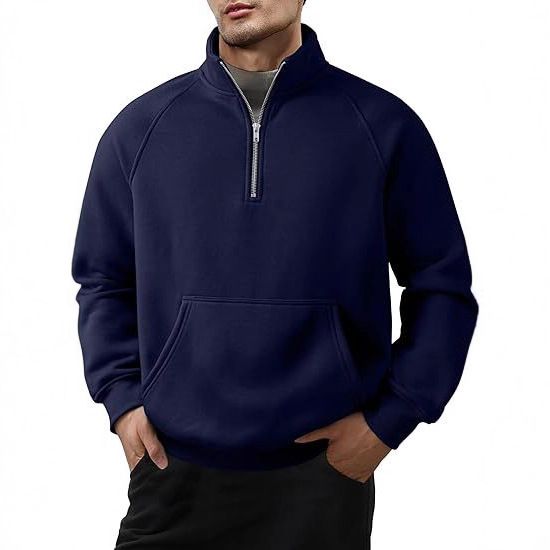 Herrenbekleidung Fleece-Kapuzenpullover mit Stehkragen und halbem Reißverschluss – Locker geschnittenes Langarm-Sweatshirt für den Winter (Weiß, Schwarz, Grau, Marineblau, Kamel)_voghion.com