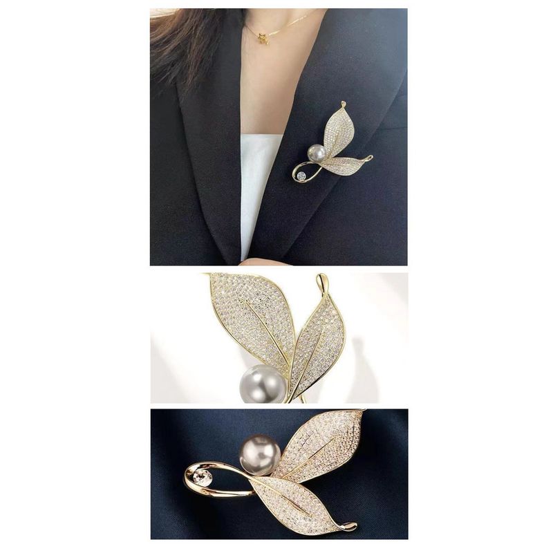 High end and high-end color retention copper inlaid with zircon leaves, gray pearl brooch, temperament, suit jacket,_voghion.com