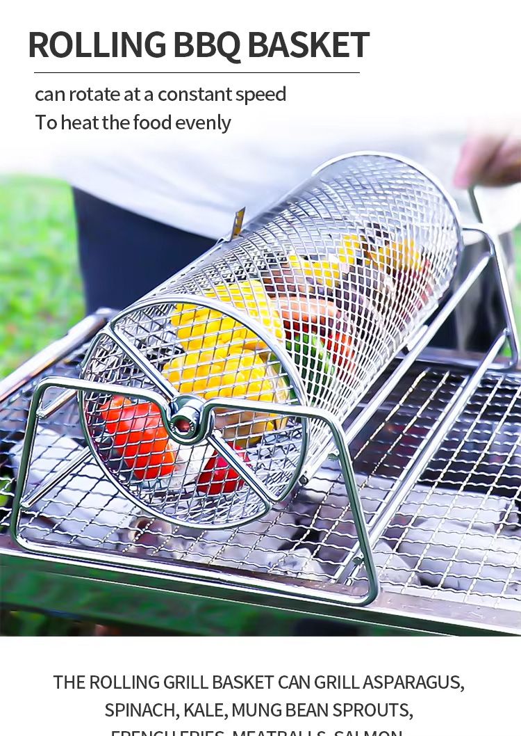 Roestvrijstalen Rollende BBQ-grill Mesh Basket Grill Rotisserie Basketrol Barbecue Kooi Kaffeebrander_voghion.com