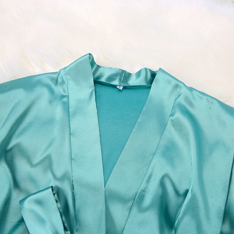 Cardigã de cetim feminino com renda, camisola e pijama de cor sólida, conjunto solto para casa_voghion.com